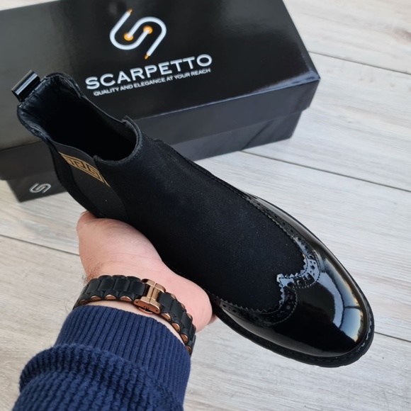 Black Leather Chelsea Boots, Greek Pattern Boots - Picture 2 of 5